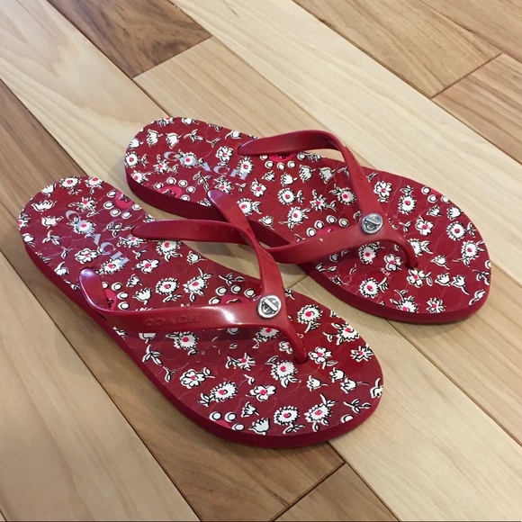 Coach Women Red Floral Flip Flops Size 7-8 - Picture 3 of 4